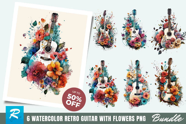 Watercolor Retro Guitar with Flowers Bundle Sublimation Regulrcrative 
