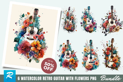 Watercolor Retro Guitar with Flowers Bundle Sublimation Regulrcrative 