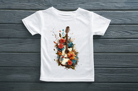 Watercolor Retro Guitar with Flowers Bundle Sublimation Regulrcrative 