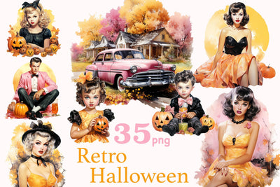 Watercolor Retro Halloween Clipart | Pumpkin Illustation PNG SVG GlamArtZhanna 
