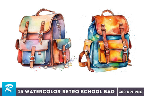 Watercolor Retro School Bag Clipart Bundle Sublimation Regulrcrative 