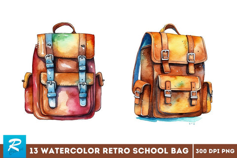 Watercolor Retro School Bag Clipart Bundle Sublimation Regulrcrative 