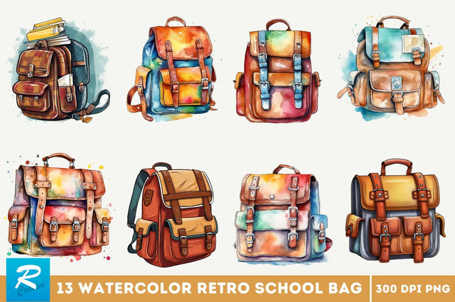 Watercolor Retro School Bag Clipart Bundle Sublimation Regulrcrative 