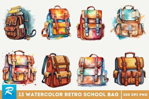 Watercolor Retro School Bag Clipart Bundle Sublimation Regulrcrative 