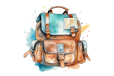 Watercolor Retro School Bag Clipart Bundle Sublimation Regulrcrative 