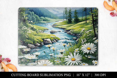 Watercolor River with Daisies Cutting Board Sublimation Sublimation BijouBay 