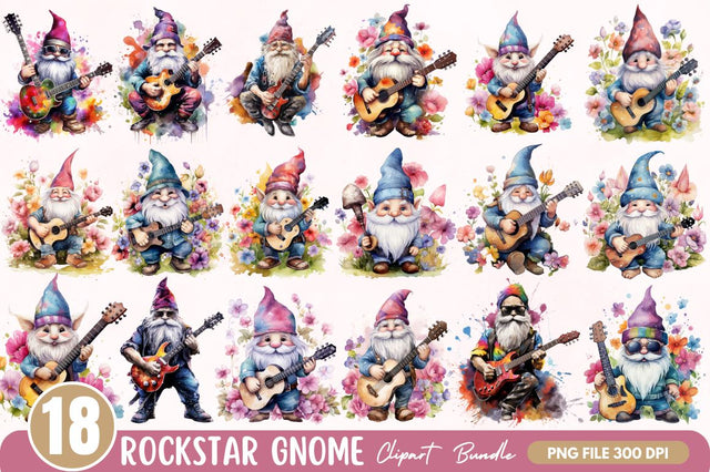 Watercolor Rockstar Gnome Clipart Bundle Sublimation Regulrcrative 