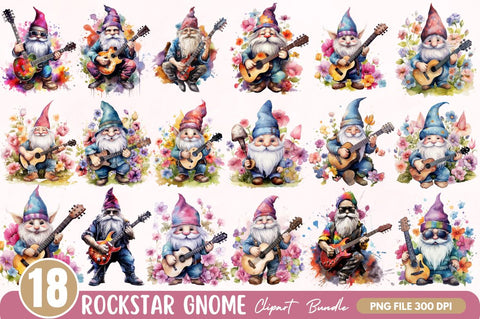 Watercolor Rockstar Gnome Clipart Bundle Sublimation Regulrcrative 