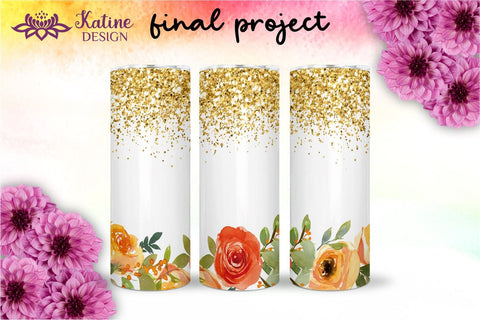 Watercolor Rose and Gold Glitter Tumbler, Flower Tumbler, Floral Tumbler, Watercolor Tumbler, Wrap Design Sublimation Bundle for 20 Oz Skinny Tumbler Straight and Tapered PNG Sublimation KatineDesign 