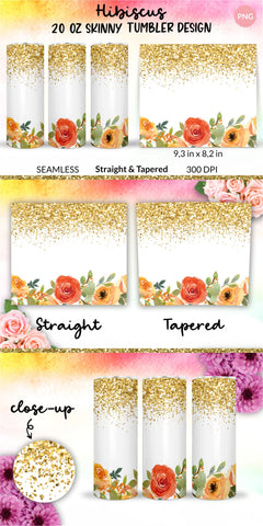 Watercolor Rose and Gold Glitter Tumbler, Flower Tumbler, Floral Tumbler, Watercolor Tumbler, Wrap Design Sublimation Bundle for 20 Oz Skinny Tumbler Straight and Tapered PNG Sublimation KatineDesign 