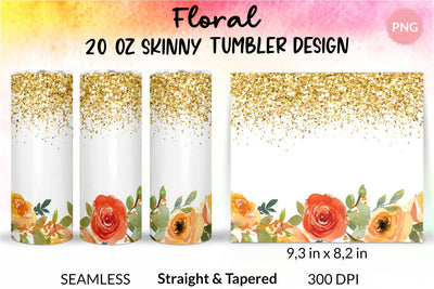 Watercolor Rose and Gold Glitter Tumbler, Flower Tumbler, Floral Tumbler, Watercolor Tumbler, Wrap Design Sublimation Bundle for 20 Oz Skinny Tumbler Straight and Tapered PNG Sublimation KatineDesign 