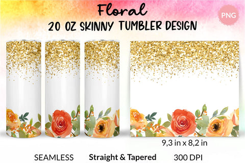 Watercolor Rose and Gold Glitter Tumbler, Flower Tumbler, Floral Tumbler, Watercolor Tumbler, Wrap Design Sublimation Bundle for 20 Oz Skinny Tumbler Straight and Tapered PNG Sublimation KatineDesign 