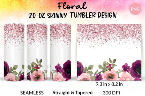 Watercolor Rose and Rose Gold Pink Glitter Tumbler, Flower Tumbler, Floral Tumbler, Watercolor Tumbler, Wrap Design Sublimation Bundle for 20 Oz Skinny Tumbler Straight and Tapered PNG Sublimation KatineDesign 