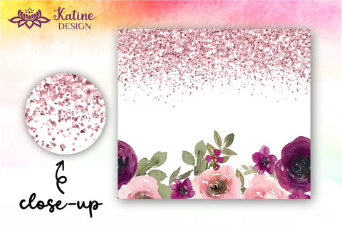 Watercolor Rose and Rose Gold Pink Glitter Tumbler, Flower Tumbler, Floral Tumbler, Watercolor Tumbler, Wrap Design Sublimation Bundle for 20 Oz Skinny Tumbler Straight and Tapered PNG Sublimation KatineDesign 