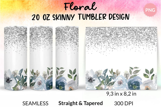 Watercolor Rose and Silver Glitter Tumbler, Flower Tumbler, Floral Tumbler, Watercolor Tumbler, Wrap Design Sublimation Bundle for 20 Oz Skinny Tumbler Straight and Tapered PNG Sublimation KatineDesign 