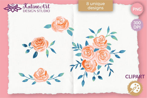 Watercolor Rose clipart floral arrangements and Bouquets Bundle Sublimation KatineArt 
