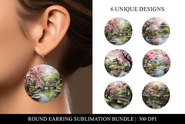 Watercolor Sakura Round Earring Sublimation Designs Sublimation BijouBay 