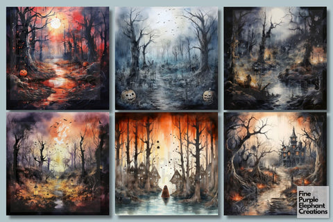 Watercolor Scary Woods | Halloween Background Digital Pattern Fine Purple Elephant Creations 