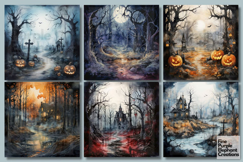 Watercolor Scary Woods | Halloween Background Digital Pattern Fine Purple Elephant Creations 