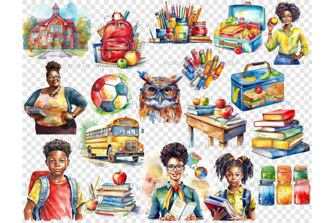 Watercolor School Clipart | Black Woman Illustration Bundle SVG GlamArtZhanna 