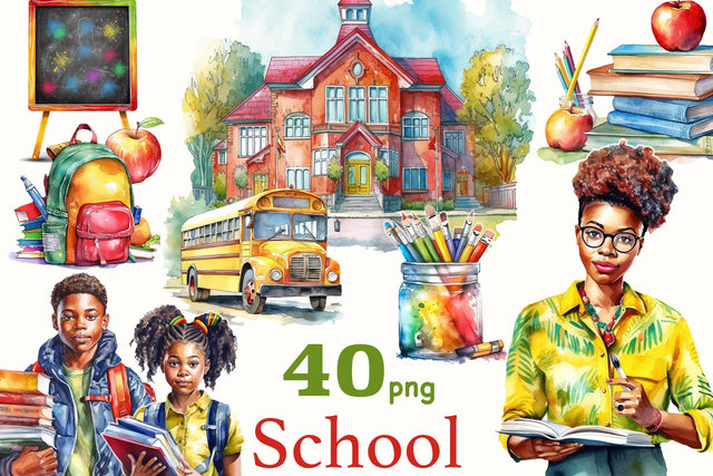 Watercolor School Clipart | Black Woman Illustration Bundle SVG GlamArtZhanna 