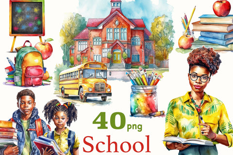 Watercolor School Clipart | Black Woman Illustration Bundle SVG GlamArtZhanna 