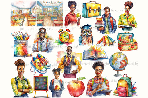 Watercolor School Clipart | Black Woman Illustration Bundle SVG GlamArtZhanna 