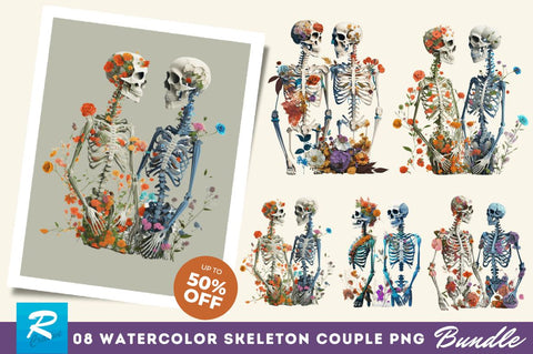 Watercolor Skeleton Couple Clipart Bundle Sublimation Regulrcrative 