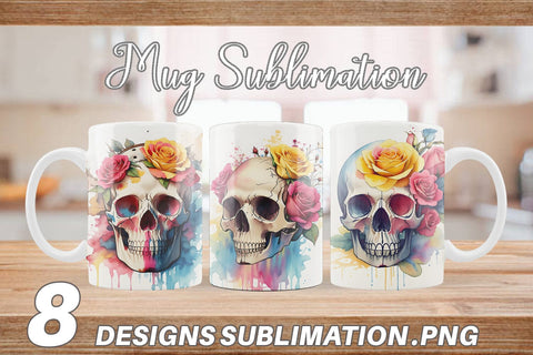 Watercolor Skull Flower Mug Wrap | Sublimation Coffee Cup Sublimation artnoy 