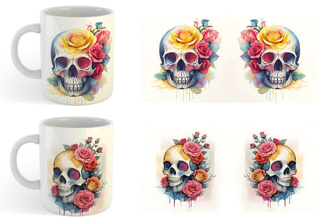 Watercolor Skull Flower Mug Wrap | Sublimation Coffee Cup Sublimation artnoy 