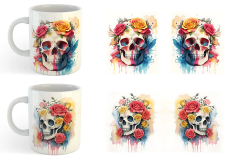 Watercolor Skull Flower Mug Wrap | Sublimation Coffee Cup Sublimation artnoy 