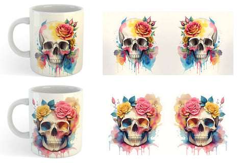 Watercolor Skull Flower Mug Wrap | Sublimation Coffee Cup Sublimation artnoy 