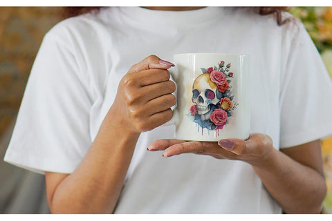 Watercolor Skull Flower Mug Wrap | Sublimation Coffee Cup Sublimation artnoy 