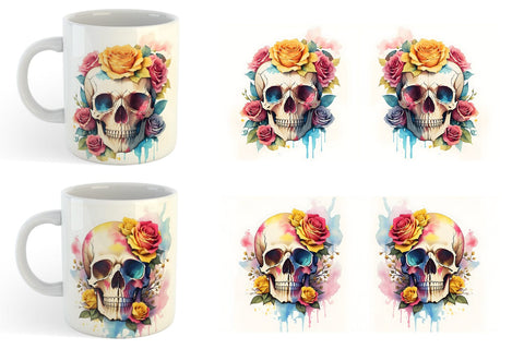 Watercolor Skull Flower Mug Wrap | Sublimation Coffee Cup Sublimation artnoy 