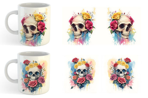 Watercolor Skull Flower Mug Wrap | Sublimation Coffee Cup Sublimation artnoy 