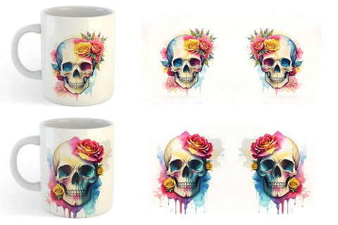Watercolor Skull Flower Mug Wrap | Sublimation Coffee Cup Sublimation artnoy 