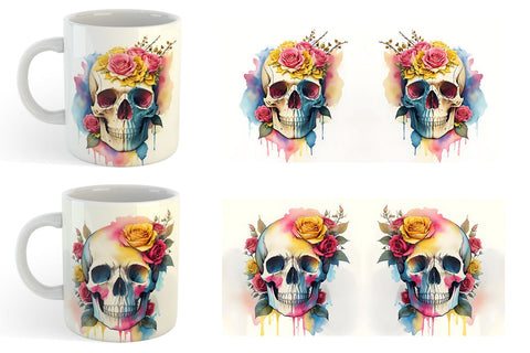 Watercolor Skull Flower Mug Wrap | Sublimation Coffee Cup Sublimation artnoy 