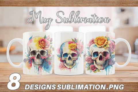 Watercolor Skull Flower Mug Wrap | Sublimation Coffee Cup Sublimation artnoy 