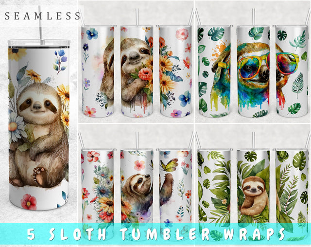 Watercolor Sloth Tumbler Wraps Bundle, 20 Oz Skinny Tumbler Sloth Sublimation Designs, Seamless Sloth PNG, 5 Designs Sublimation HappyDesignStudio 