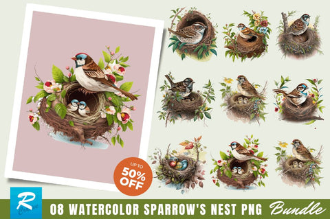 Watercolor Sparrow's Nest Clipart Bundle Sublimation Regulrcrative 
