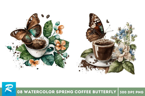 Watercolor Spring Coffee Butterfly Clipart Bundle Sublimation Regulrcrative 