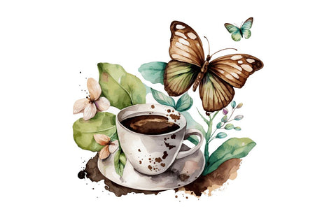 Watercolor Spring Coffee Butterfly Clipart Bundle Sublimation Regulrcrative 