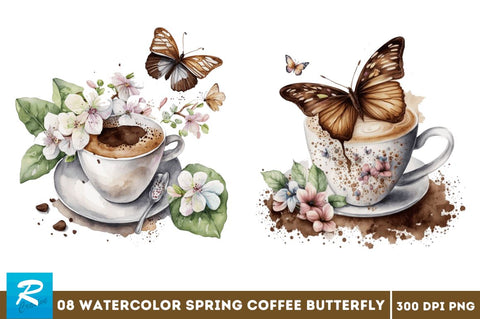 Watercolor Spring Coffee Butterfly Clipart Bundle Sublimation Regulrcrative 