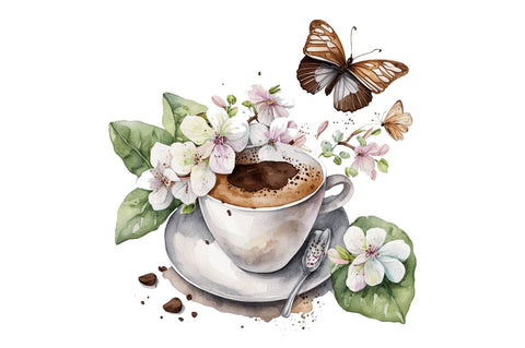 Watercolor Spring Coffee Butterfly Clipart Bundle Sublimation Regulrcrative 