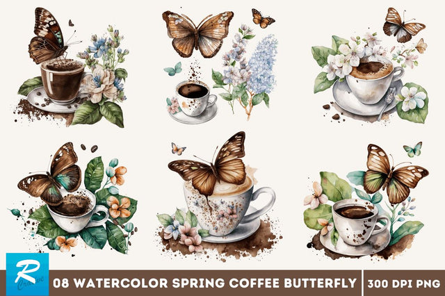 Watercolor Spring Coffee Butterfly Clipart Bundle Sublimation Regulrcrative 