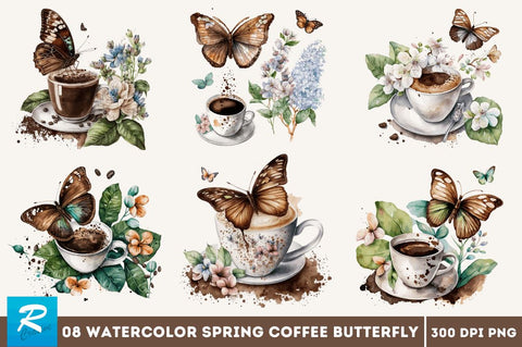 Watercolor Spring Coffee Butterfly Clipart Bundle Sublimation Regulrcrative 