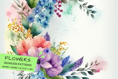 Watercolor Spring Floral Background, flowers on a green background Digital Pattern FloridPrintables 