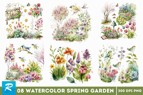 Watercolor Spring Garden Clipart Bundle Sublimation Regulrcrative 
