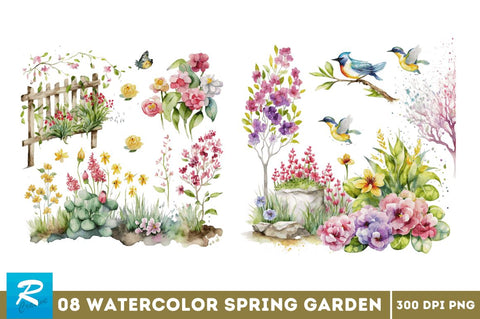Watercolor Spring Garden Clipart Bundle Sublimation Regulrcrative 