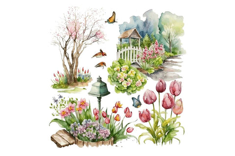 Watercolor Spring Garden Clipart Bundle Sublimation Regulrcrative 